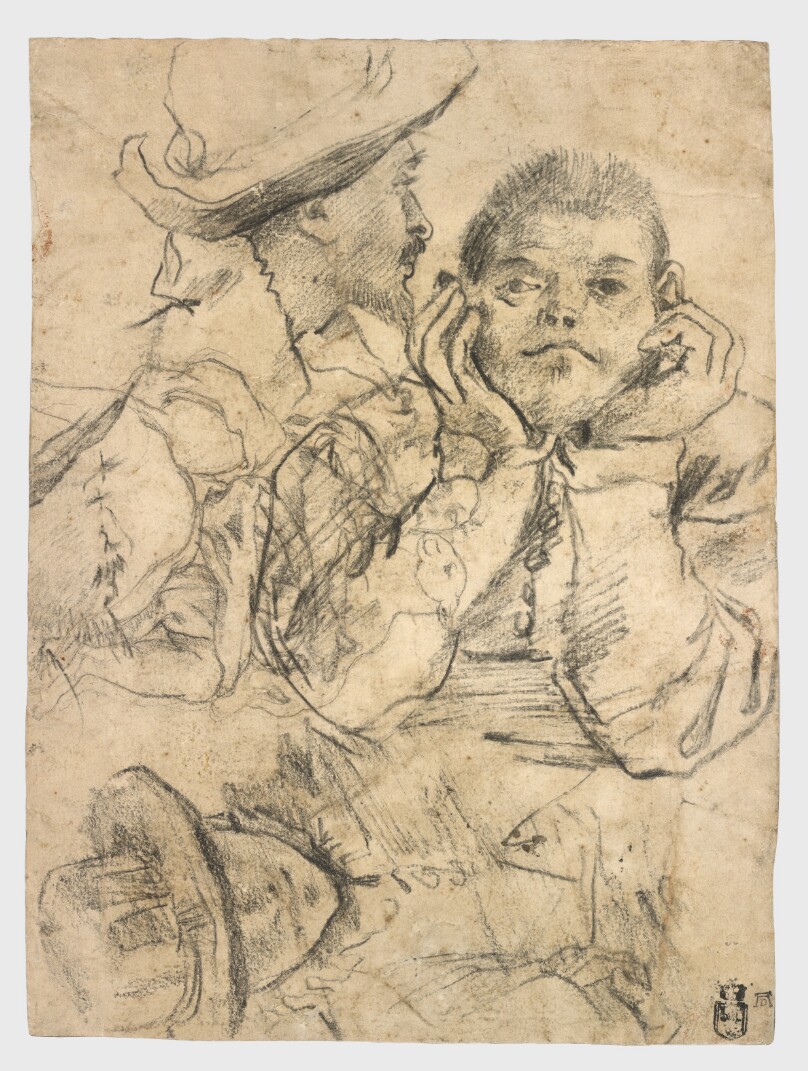Four Studies of Heads Drawn over a Copy of Saint John the Evangelist by Correggio (recto); Three Studies of Men (verso)