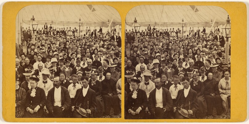 [Large group of people at an event under a tent, possibly at Oak Bluffs, Massachusetts]