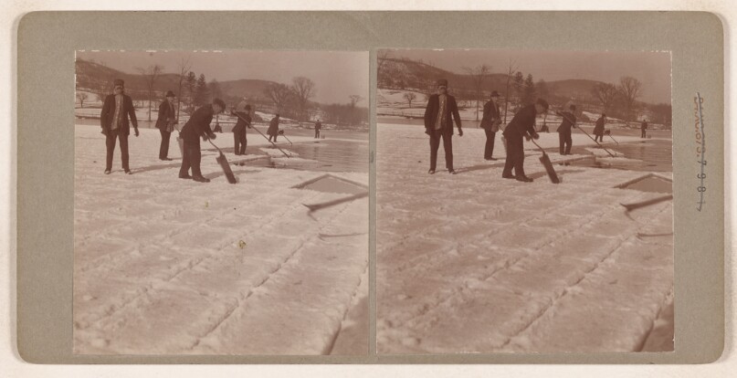 [Men cutting blocks of ice from a frozen river] (recto); [Frozen stream] (verso)
