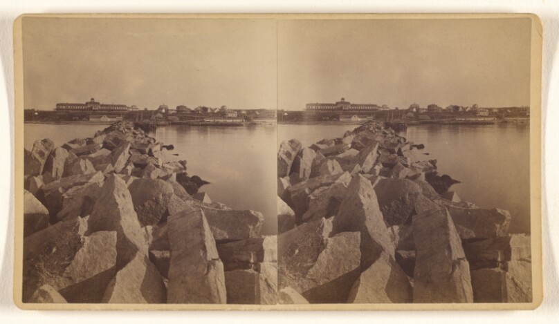 From Breakwater showing Ocean View Hotel. [Block Island, Providence, Rhode Island]
