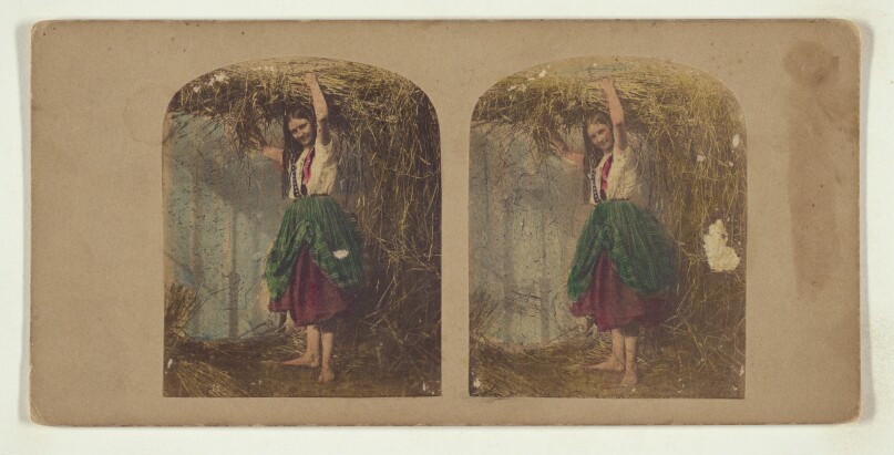 [Peasant girl holding hay over her head]