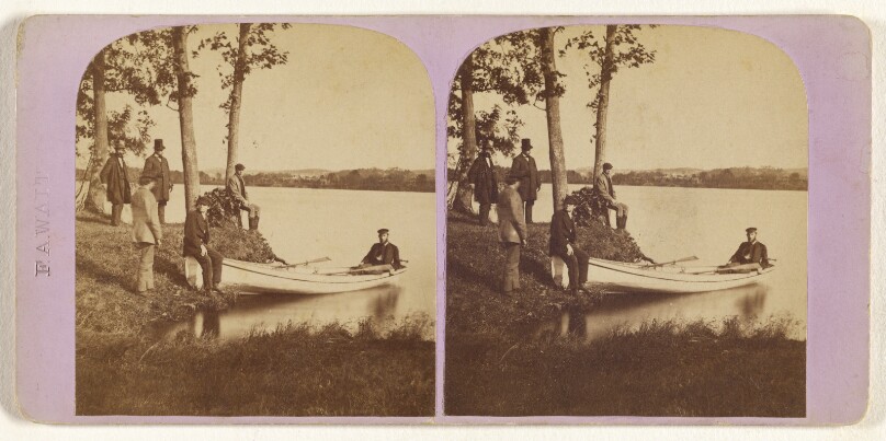 [Boating scene: two men in rowboat, other men observing from river bank]