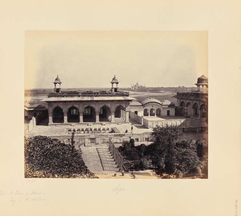 Agra; The Fort, the Palace of Akbar with the Taj in the Distance