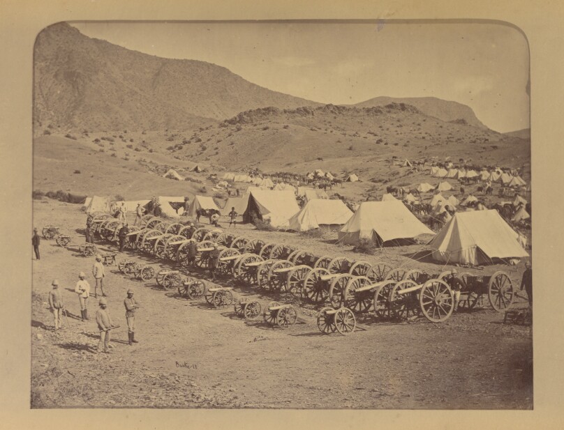 Captured Guns from Ali Musjid parked on Shergai Height, General Appleyard, C.B. (Companion of the Bath), V.C. (Victoria Cross) and Staff in foreground