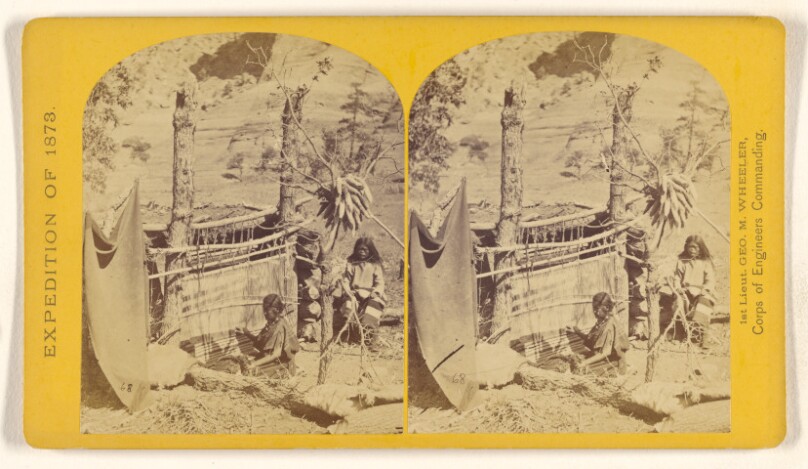 Aboriginal life among the Navajo Indians, Canon de Chelle, New Mexico. Squaw weaving blankets. The native loom...