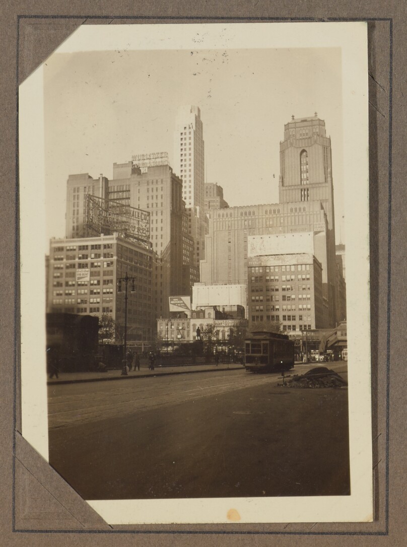 [Buildings and trolley car, New York]
