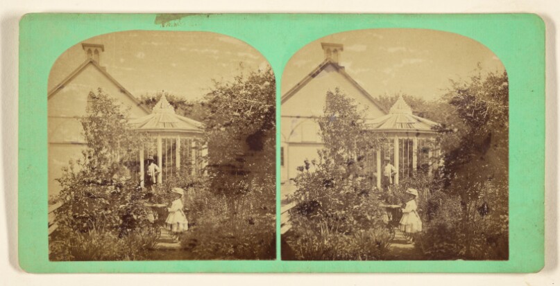 [House with garden, little girl on walk with baby carriage]