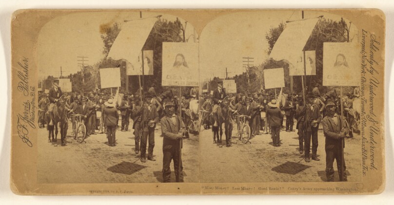 "More Money. Less Misery. Good Roads." Coxey's Army approaching Washington.