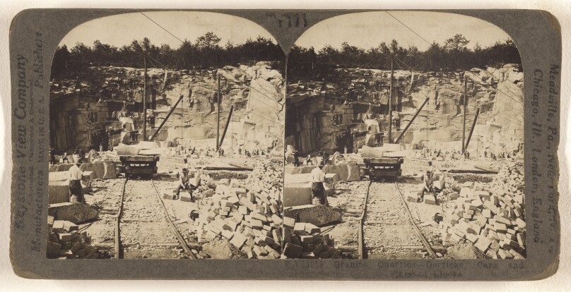 Granite Quarries - Derricks, Cars and Finished Blocks.