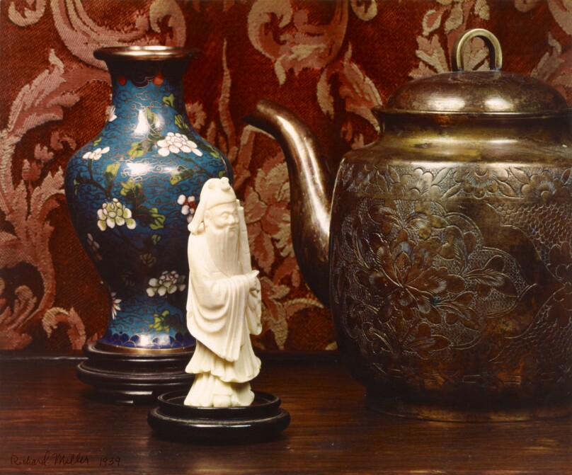 Ivory Statue, Cloisonné Vase, and Copper Teapot