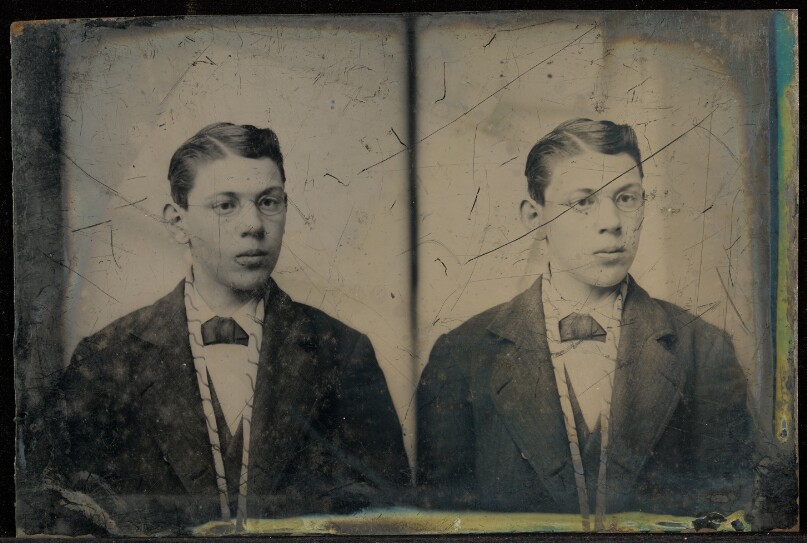 [Double portrait of a young man wearing wire-rimmed glasses]