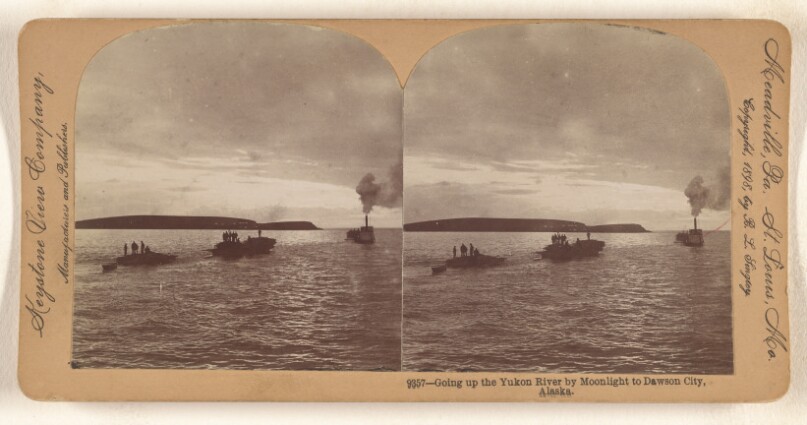 Going up the Yukon River by Moonlight to Dawson City, Alaska.