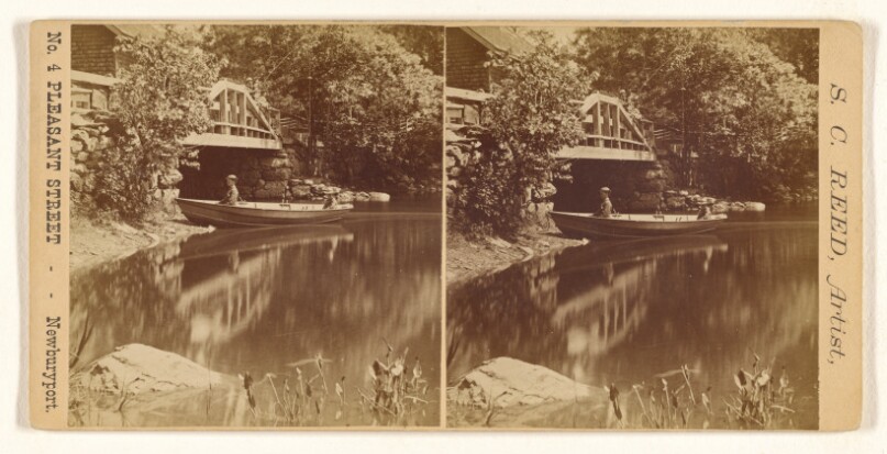 [Bridge & river scene with woman in rowboat, Newburyport, Mass.]