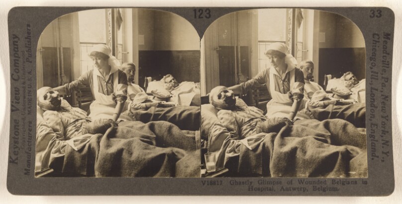 Ghastly Glimpse of Wounded Belgians in Hospital, Antwerp, Belgium.