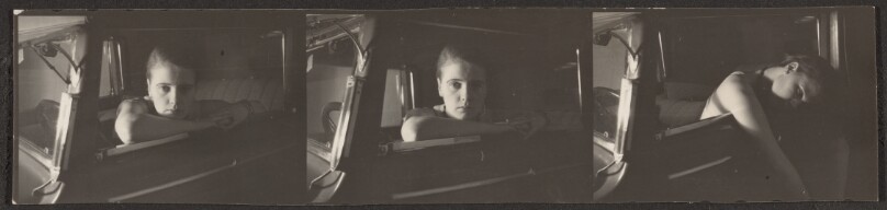 [Contact print-strip from three 37mm negatives: woman in driver's seat of a car seen from outside framed in open door window]