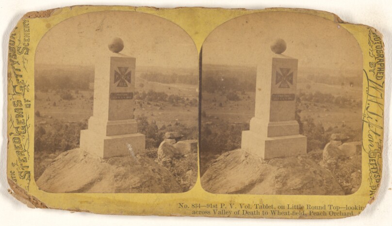 91st P.V. Vol. Tablet, on Little Round Top - looking across Valley of Death to Wheat-field, Peach Orchard & (---illeg.)