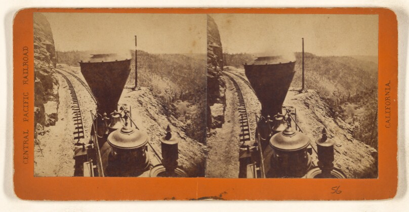 [Engine along tracks of Central Pacific Railroad]