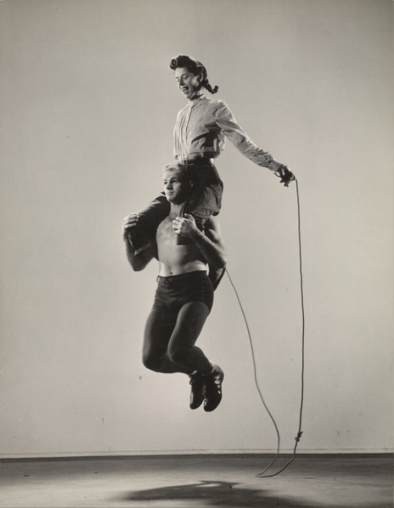 [Artist Jane Eakin on Shoulders of Rope Skipping Champion Gordon Hathaway]