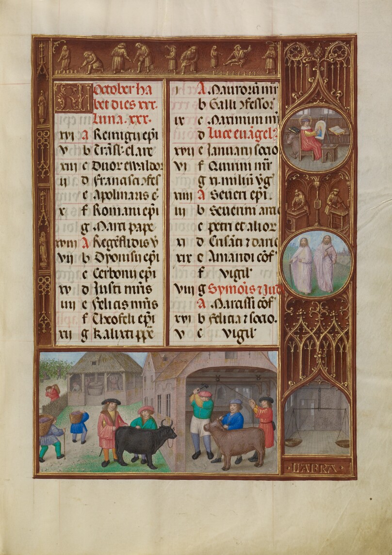 October Calendar Page; Slaughtering and Ox and Grape Harvesting; Libra