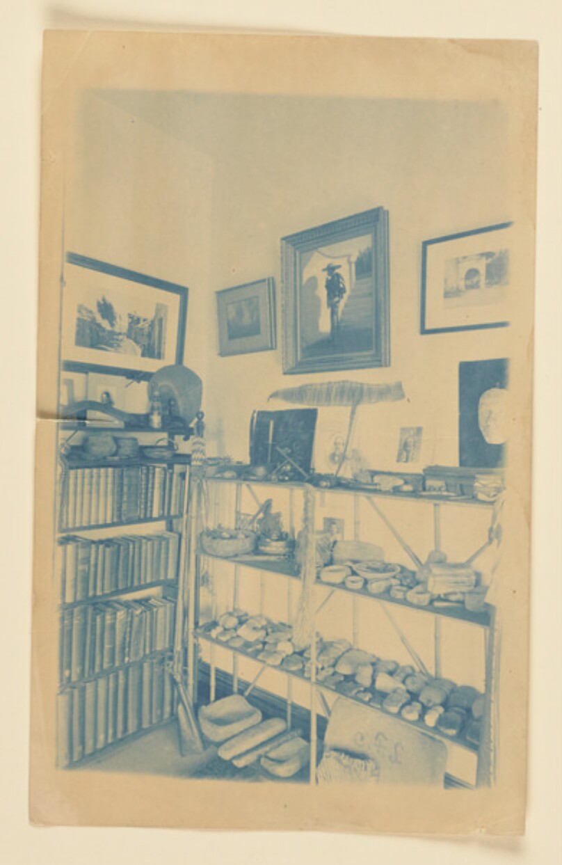 [Bookcase and specimen shelf at El Alisal]