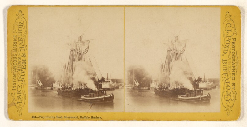 Tug towing Bark Sherwood, Buffalo Harbor.