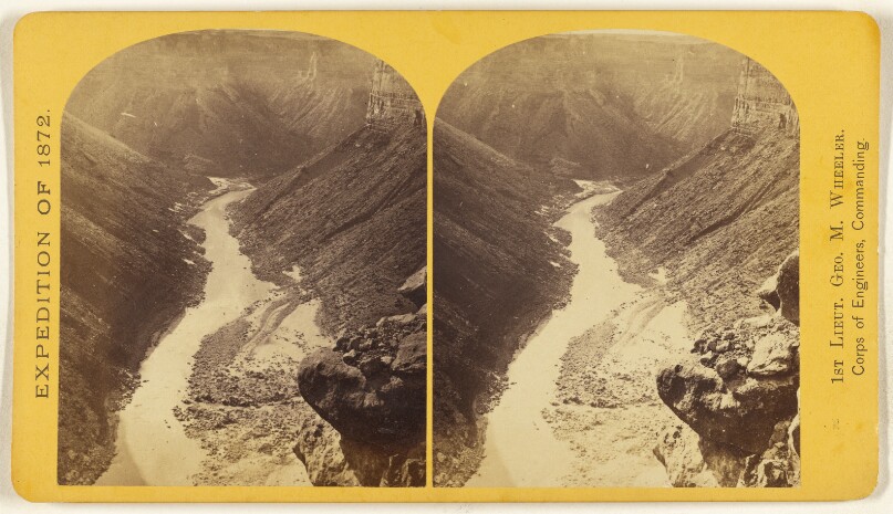 Marble Canon, one of the gorges of the Colorado, here, 1,200 feet deep. The steep cliff is gray limestone...below red sandstone.