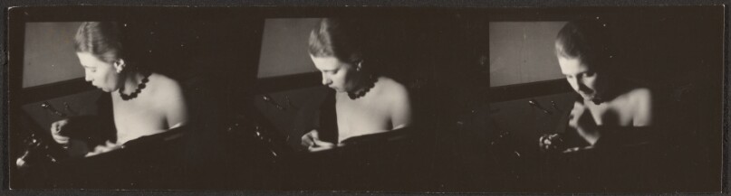 [Contact print-strip from three Leica negatives: woman (in car passenger's seat?)]