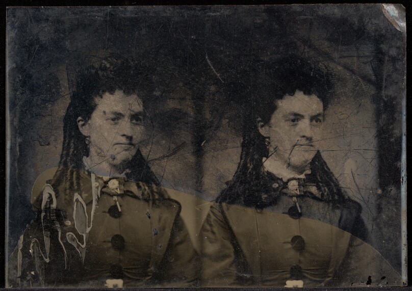 [Double portrait of a young woman with long curls]