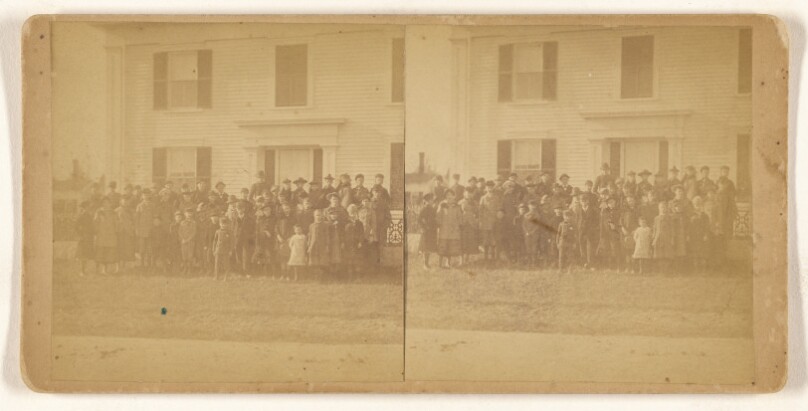 [Group of school children posed outside]