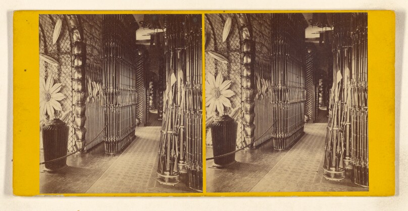 Tower of London. - View in the White Tower. Small Arms Stores, showing the tasteful arrangements of these weapons...
