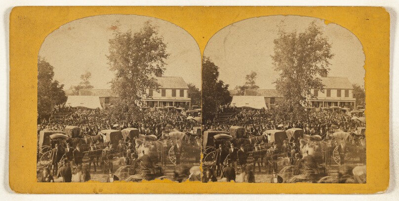 [View of New Market, New Hampshire, large crowd in street]
