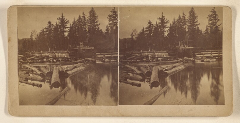 [View of river with logs at Katahdin Iron Works, Maine (?)]