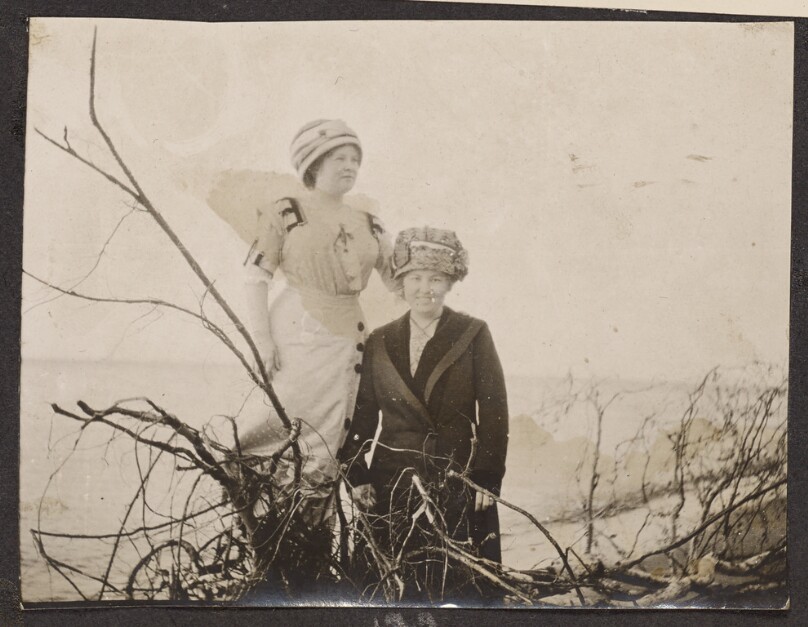 [Women posing with tree branches]