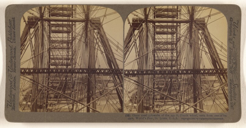 Giant steel cobwebs of the 240 ft. Ferris wheel, seen from one of its cars, World's Fair, St. Louis, U.S.A.