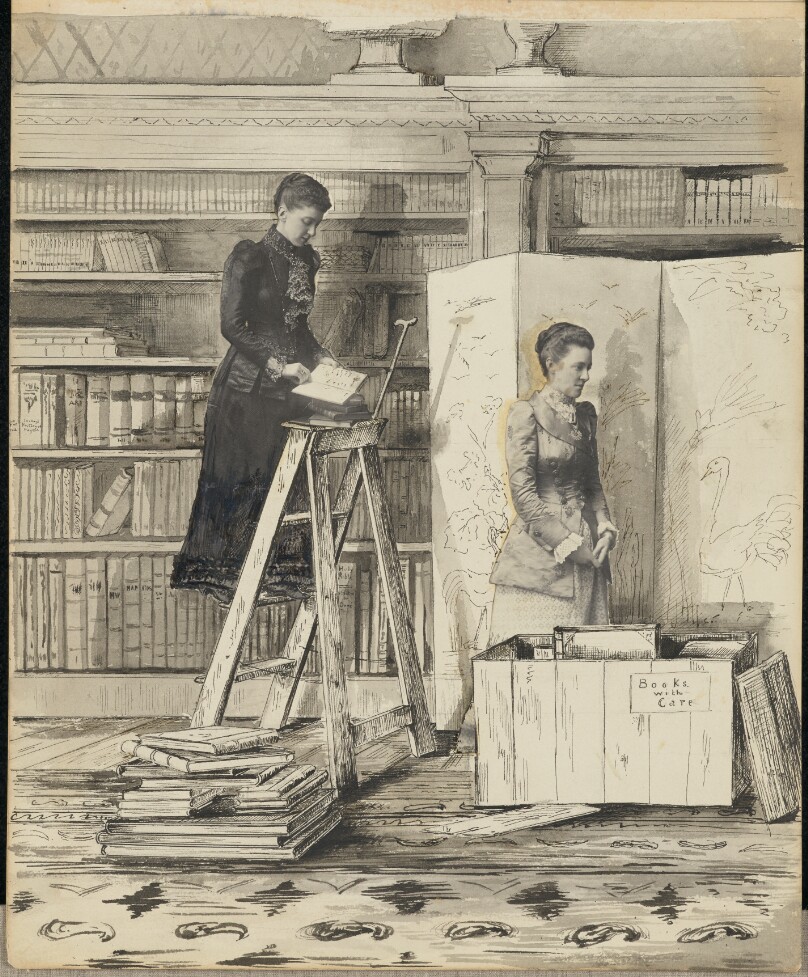 [Two women in a bookshop or library]