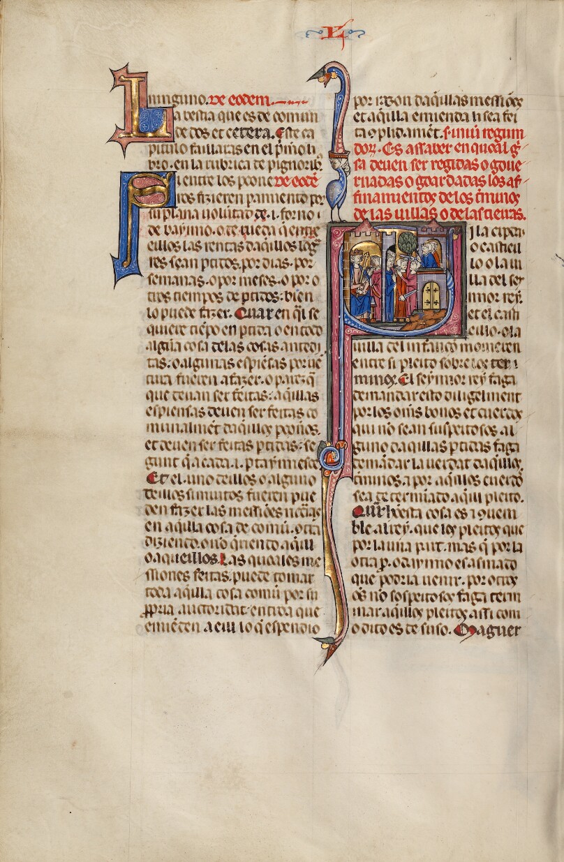 Initial S: Two Men before a King and Others Watching Two Men Fighting