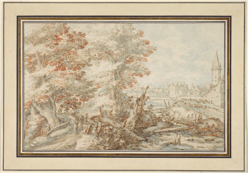 A Wooded Landscape with Travellers by a Stream, a Town Beyond