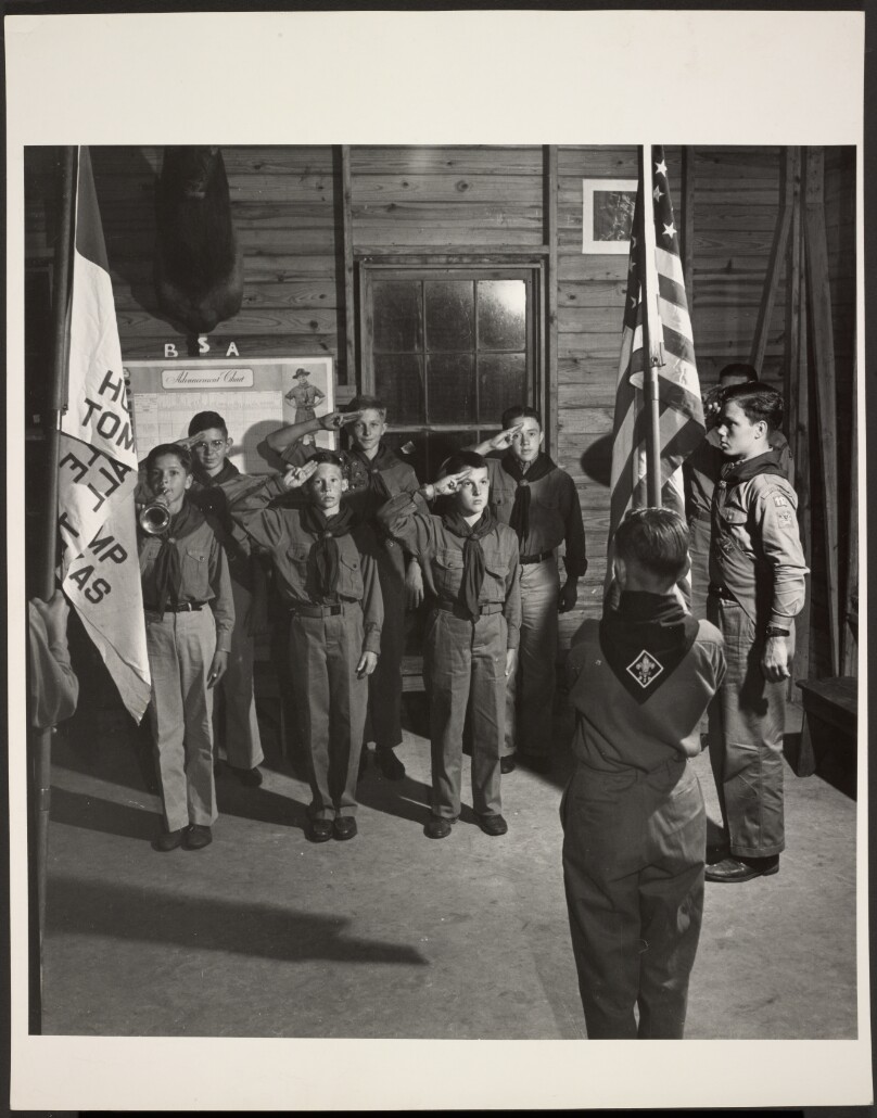 [Boy Scout Troop Saluting the Flag, Tomball, Texas]