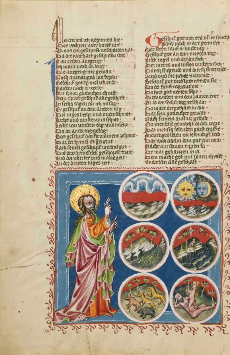The Creation of Heaven and Earth, The Separation of Light and Darkness, The Separation of Water and Land, The Creation of Birds and Fishes, The Creation of Animals, The Creation of Eve