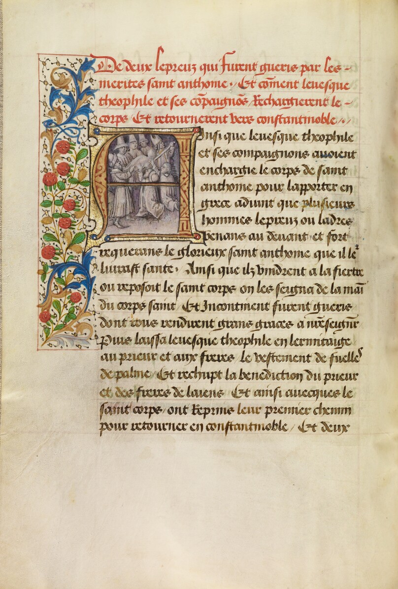 Initial A: The Body of Saint Anthony Transported to Constantinople and the Healing of Two Lepers after Touching the Saint's Body