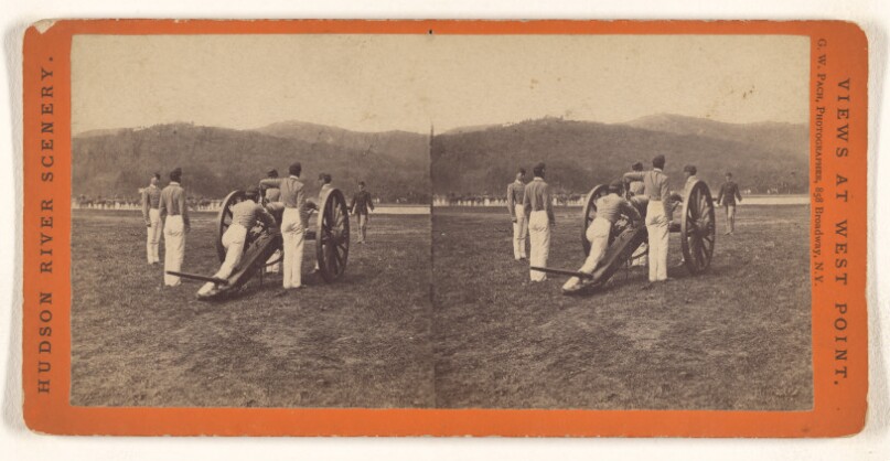 [Men in uniform with cannon on field, West Point, New York]