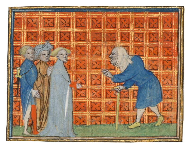 An Elderly Man with a Cane Approaches a Group
