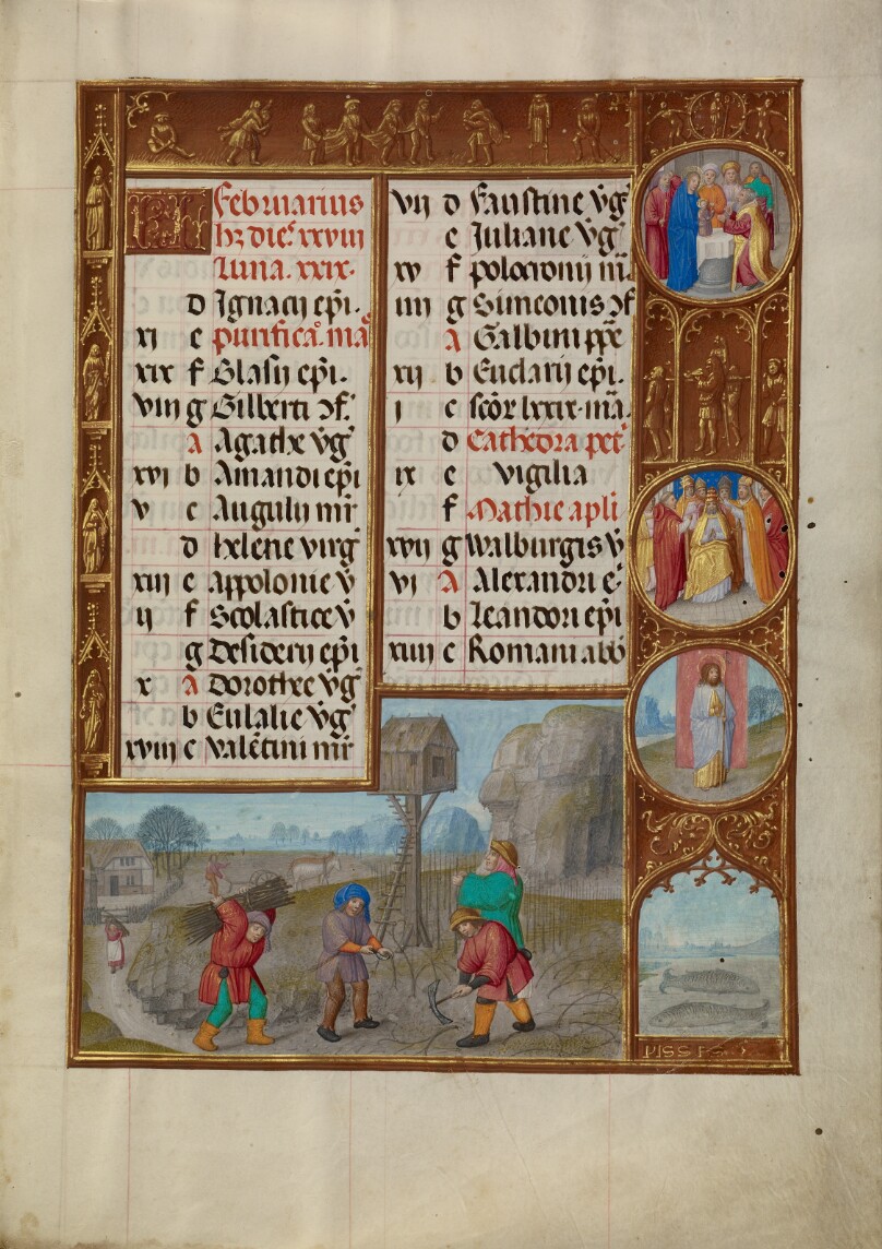 February Calendar Page; Working in a Vineyard; Pisces