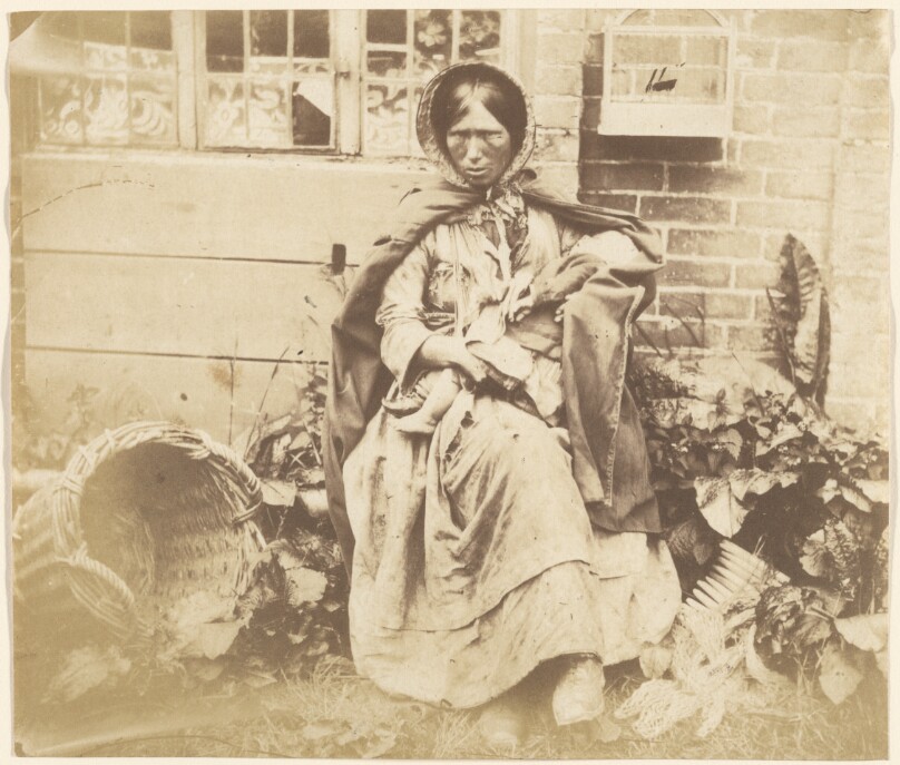 [Old Woman with Baskets outside a House]