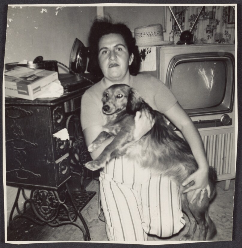 [Woman holding a dog]