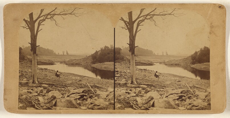 The Great Johnstown Flood, May 31, 1889. Showing the broken dam of the Reservoir above South Fork, from where...flood started...