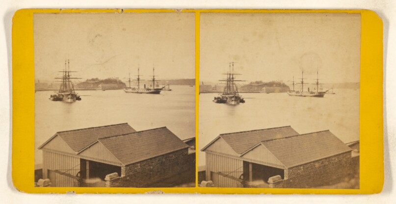 Queenstown Harbour. The Ironclad "Bellerophon" and H.M. Frigate "Mersey."