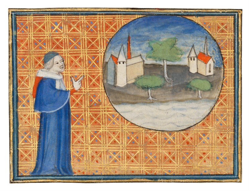 A Scholar Points to a Roundel Featuring a City