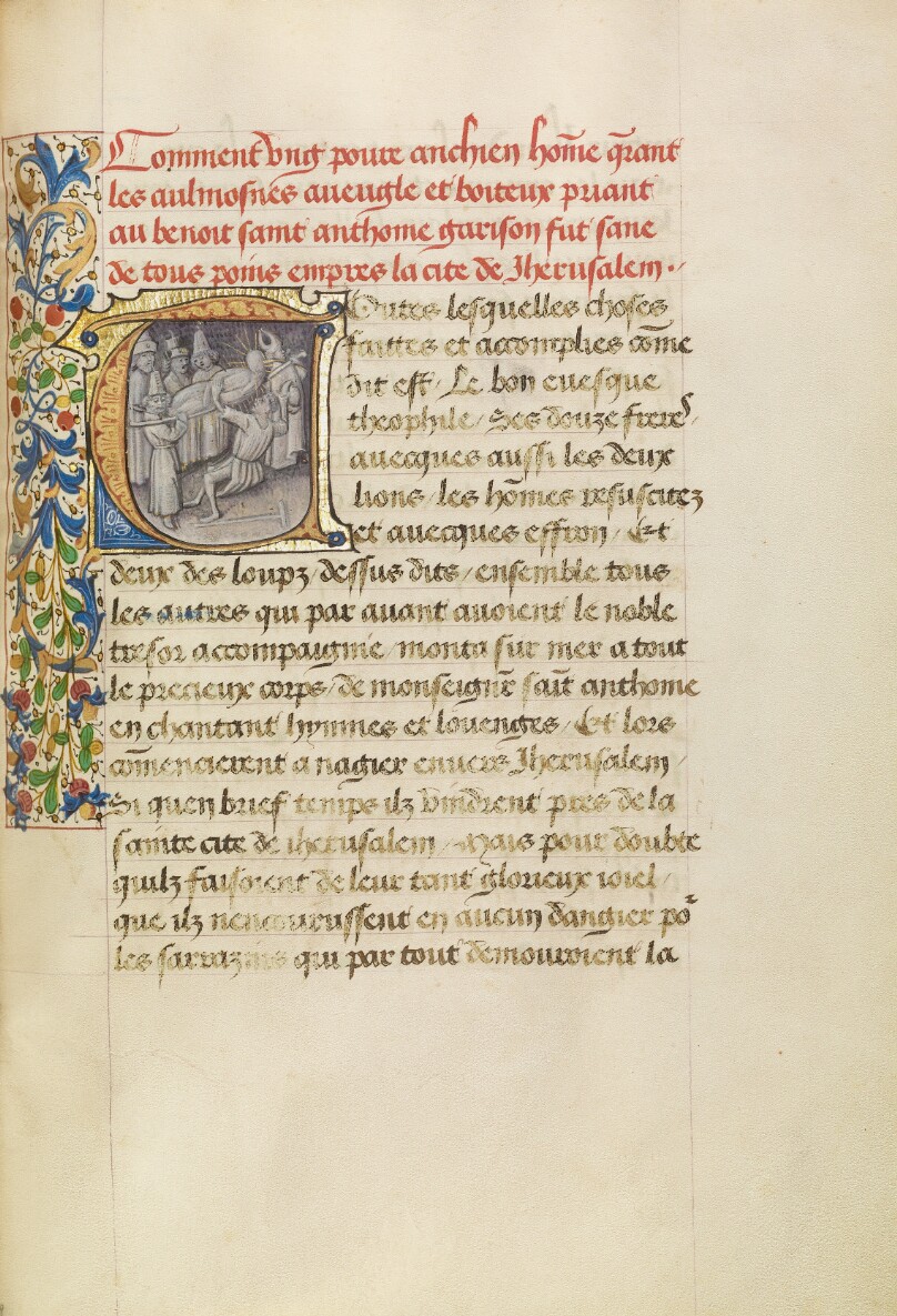 Initial T: The Healing of the Blind after Touching the Body of Saint Anthony