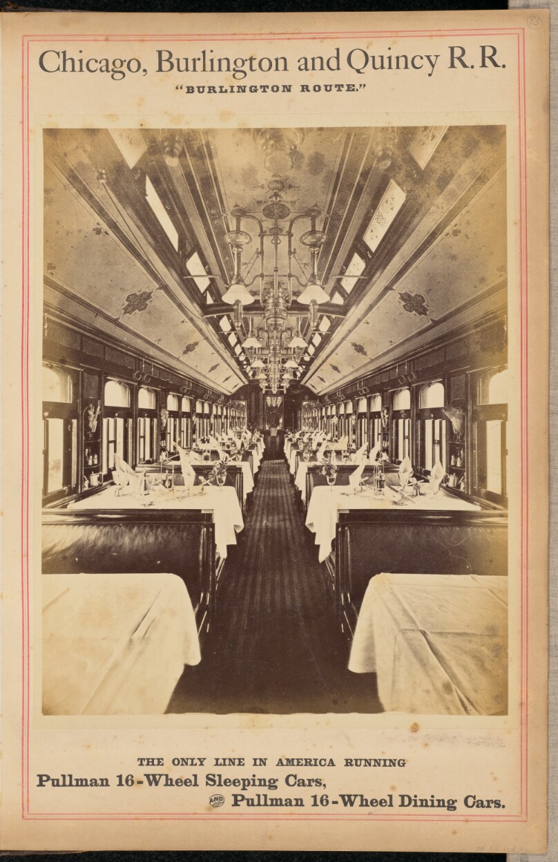 [Interior view of a Chicago, Burlington and Quincy Railroad dining car]